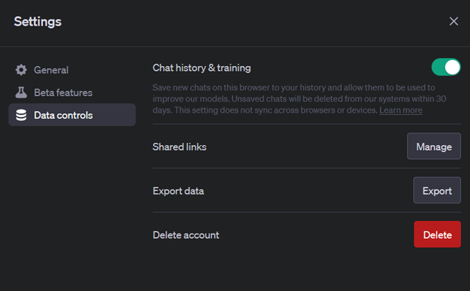 screenshot of Chatgpt data Security Settings